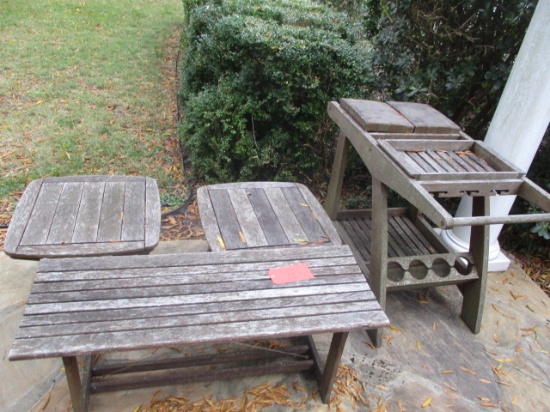 Wood Bar Cart, Two Side Tables and Bench