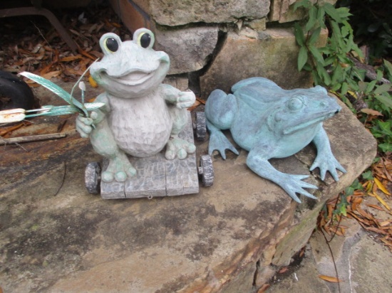 Patina Copper Spitting Frog and Frog on Cart Yard Art