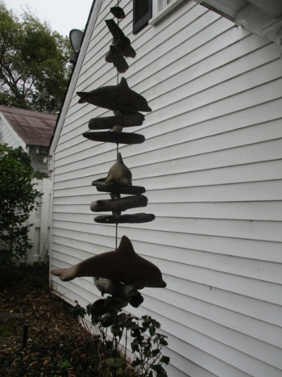 Hand Carved Dolphins and Driftwood Hanging Spinner