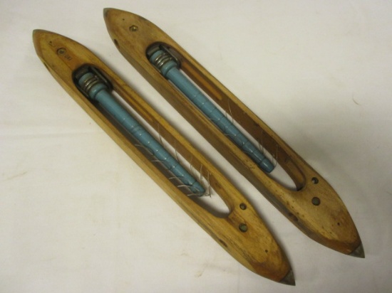 Pair of Wood Textile Shuttles with Bobbins