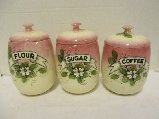 3 Piece Ceramic Cannister Set with Dogwood Design