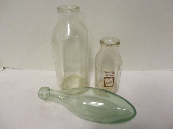 Two Glass Milk Bottles and Glass Ship Ballast/Water Bottle