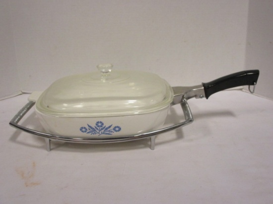 Corning Ware Blue Cornflower Casserole Dish with Handle and Trivet Stand