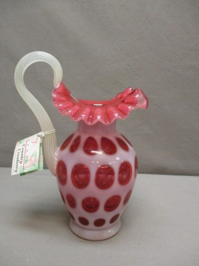 1997 Fenton Cranberry Coin Dot Ruffled 50th Anniversary Pitcher - Signed Bill Fenton & Frank M Fento