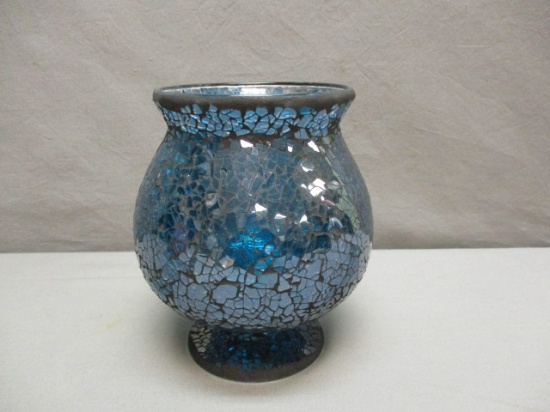 7" Blue Crackle Glass Candle Holder/Vase