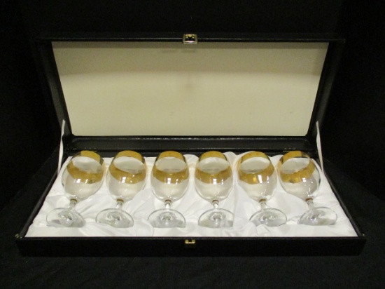 6 J. Preziosi Crystal Goblets Made in Italy with Gold Trim in Box