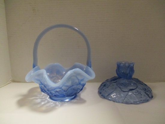 Pair of Fenton "Waterlilly" Blue Opalescent Candlesticks and Basket