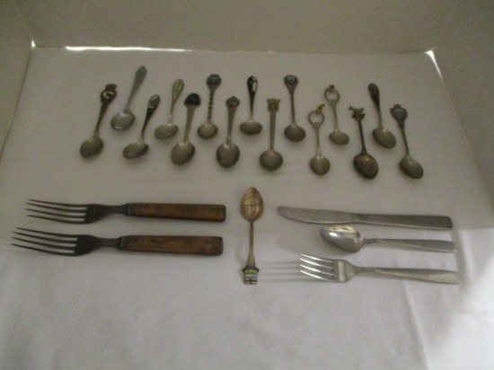 Collector Spoons, Oneida Child's Flatware, Two Vintage Wood Handle Forks and