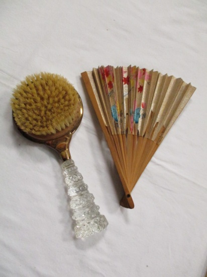 Vintage Glass Handle Hair Brush with Brass Accents and Hand Fan
