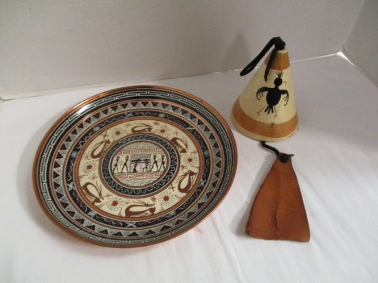 Copper Plate and Pottery Windchime with Tribal Symbols