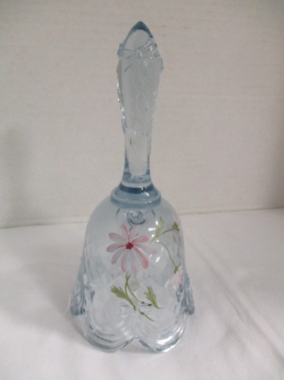 Fenton Signed, Hand Painted Blue Glass Bell with Bow Designs