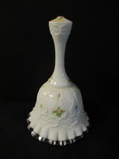 Fenton Signed, Hand Painted White Cased Bell with Violet Designs