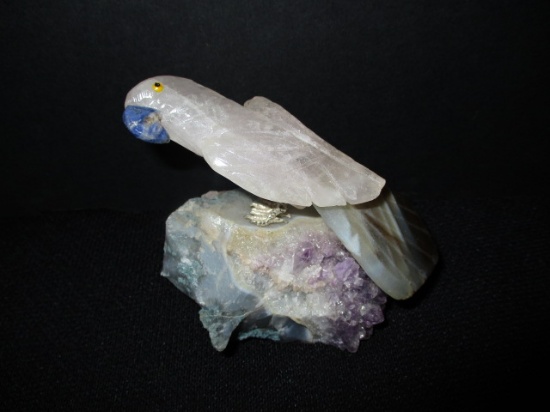 Stone Carved Parrot on Amethyst Crystal