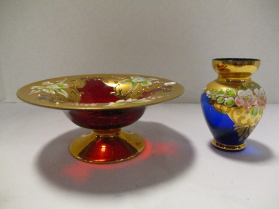 Hand Painted Boeheim Vase and Pedestal Bowl