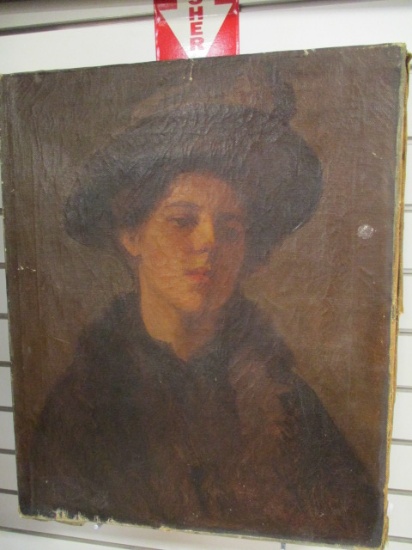 Signed Early 1800's Oil on Canvas Portrait of Woman in Hat