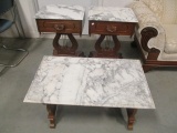 Mahogany Marble Top Harp Base Coffee and 2 Side Tables