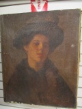 Signed Early 1800's Oil on Canvas Portrait of Woman in Hat