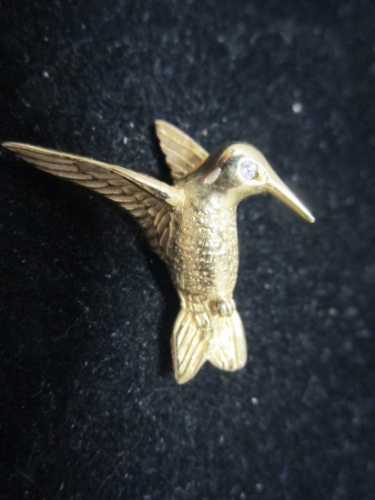 14k Gold Hummingbird Brooch w/ Diamond Eye