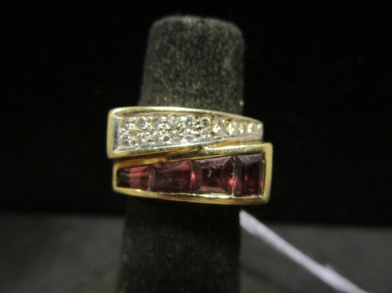 14k Gold Pink Stones & Diamond Ring- Size 5
