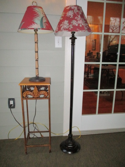 Table Lamp, Floor Lamp, and Metal Plant Stand with Wood Top