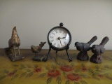 Battery Operated Clock on Stand, Pair of Wood Carved Birds, and Pair of Metal Look Birds