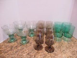 Colored Glassware - 8 Brown Pedestal Juice, 4 Green Sherbet, 4 Green Pedestal Glasses