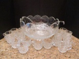 Large Vintage Punch Bowl with 20 Cups and 2 Glass Ladles