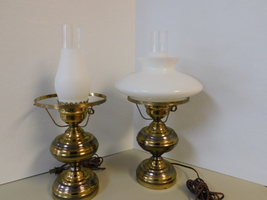 Pair Brass Lamps only 1 milk glass shade