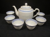 Blue and White Porcelain Teapot and Six Chinese Tea Cups