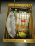 Wood Fruit Crate, Queen Fitted Sheet, Ceiling Fixture Glass Shade, etc.
