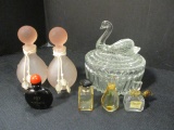 Pair of Balos Frosted Pink Perfume Bottles, Glass Vanity Box with Swan