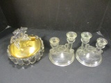 Heisey Round Dish with Metal Lid and Pair of Etched Glass Candle Holders