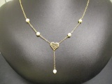 14k Gold Heart Lariat Style Necklace w/ Pearls