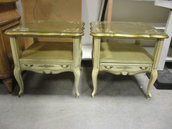 Two French Provincial Hand Painted Single Drawer Side Tables with Glass Top Protectors