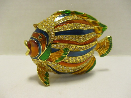 Gold Tone Jeweled and Enamel Tropical Fish Trinket Box