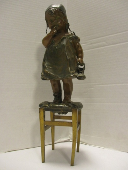 Vintage Cold Painted Bronze Figure "Little Girl on Chair with Shoe"
