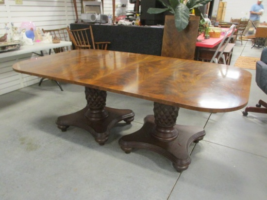 Flame Wood Double Pedestal Base Dining Table with Leaf