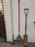 Kobalt Shrub Shovel, True Tough Leaf Rake, Husky Mattock Axe and Wood Handle