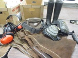 LaCrosse Rubber Boots Size 8, Suede Chaps, Suede Utility Tool Belt, Ear Protection, etc.