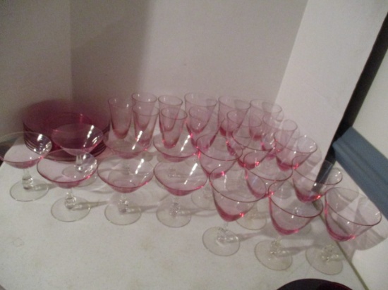 34 Pieces Cranberry Glass Luncheon Plates and Stemware