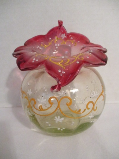 Hand Painted Blown Glass Jack in the Pulpit Vase with Cranberry Edge