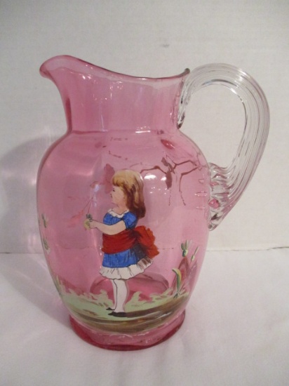 Hand Painted Cranberry Blown Glass Pitcher
