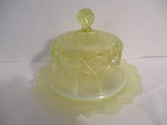 Opalescent Vaseline Glass Round Butter Dish