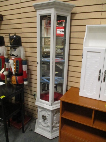 Painted White Wood Lighted Curio Cabinet with Mirrored Back and Glass Shelves