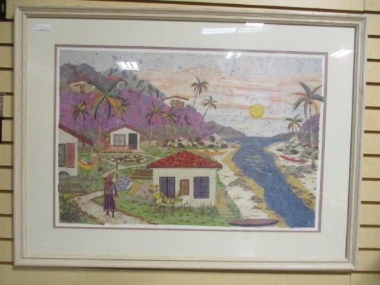 Framed and Matted Print of Hand Made Layered Paper Haitian Village