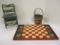 Hand Painted Folk Art Checker Board, Banded Wood Slat Bucket and Doll Chair