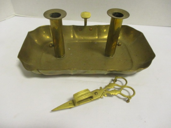 Brass Double Candle Holder with Finger Handle and Pair of Brass Wick Scissors
