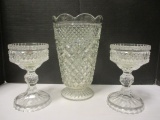 Pressed Glass Pedestal Foot Vase and Pair of Candle Holders