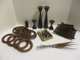 Mid Century Table Ware-Candle Holders, Napkin Holder, Fondue Forks,