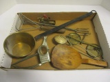 Vintage Kitchen Utensils-Wood Scoop, Brass Ladle, Masher, Grater, Metal Woodpecker